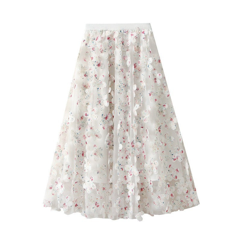 Qooth Elegante Feminino Uma Linha Tridimensional Flor Saia Midi Comprimento Cintura Elástica Casual