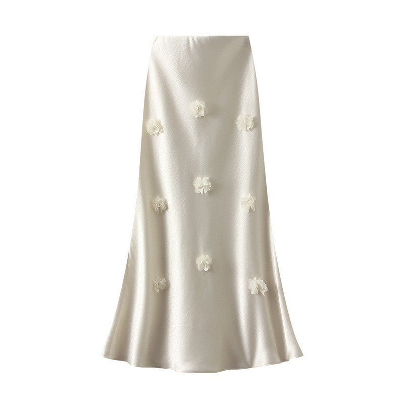Qooth Elegante Feminino Uma Linha Tridimensional Flor Saia Maxi Comprimento Cintura Elástica Casual QT2757