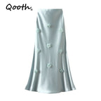 Qooth Elegante Feminino Uma Linha Tridimensional Flor Saia Maxi Comprimento Cintura Elástica Casual QT2757