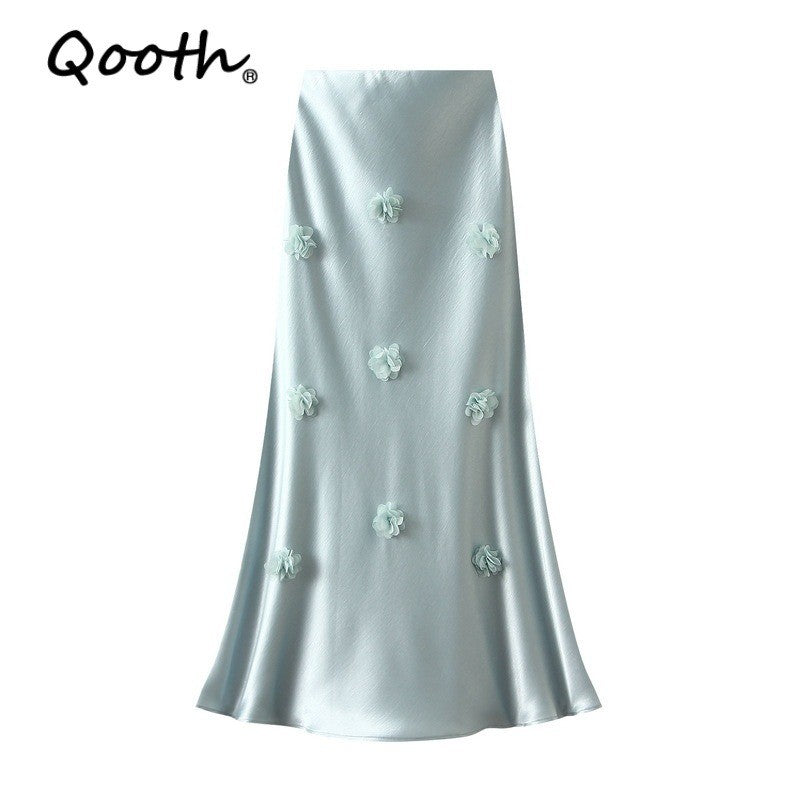 Qooth Elegante Feminino Uma Linha Tridimensional Flor Saia Maxi Comprimento Cintura Elástica Casual QT2757