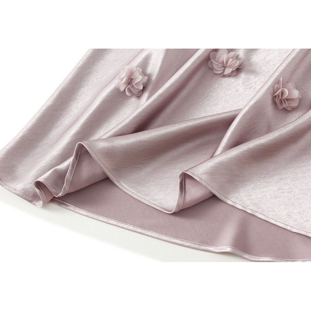 Qooth Elegante Feminino Uma Linha Tridimensional Flor Saia Maxi Comprimento Cintura Elástica Casual QT2757