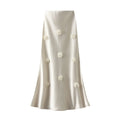 Qooth Elegante Feminino Uma Linha Tridimensional Flor Saia Maxi Comprimento Cintura Elástica Casual QT2757
