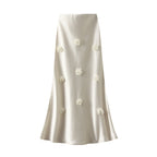 Qooth Elegante Feminino Uma Linha Tridimensional Flor Saia Maxi Comprimento Cintura Elástica Casual QT2757