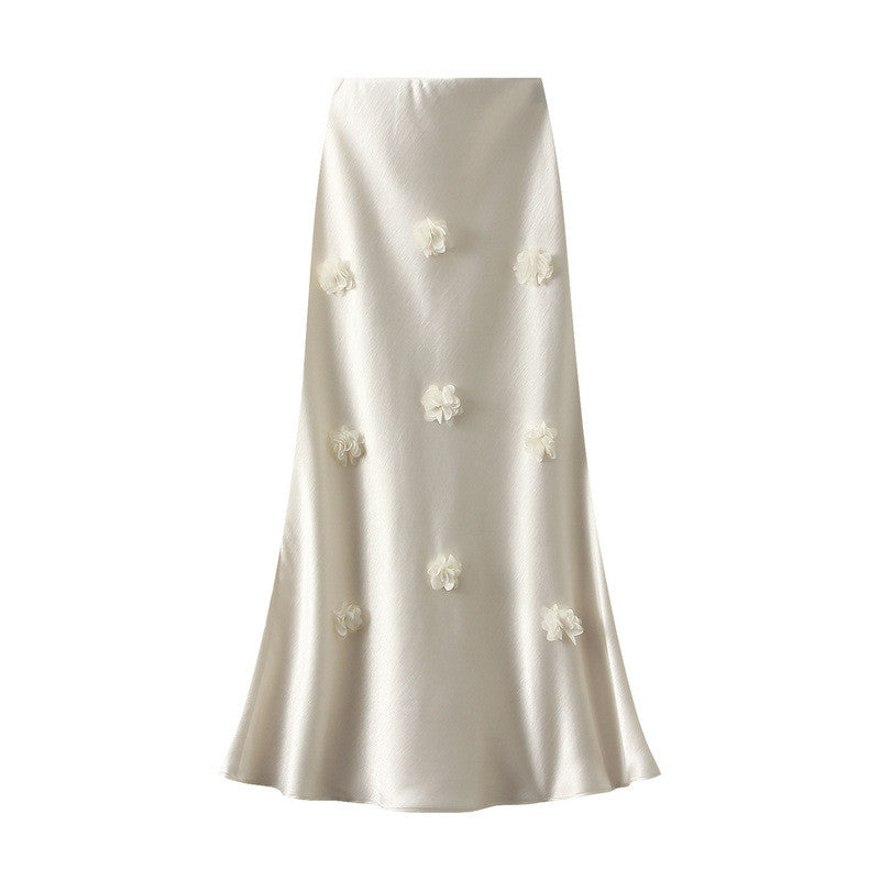 Qooth Elegante Feminino Uma Linha Tridimensional Flor Saia Maxi Comprimento Cintura Elástica Casual QT2757
