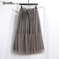 Qooth Festa Tule Vestido De Baile Malha Saia Banquete Casamento Cintura Elástica Gravata Borboleta Cinto Tutu QT2181