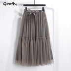 Qooth Festa Tule Vestido De Baile Malha Saia Banquete Casamento Cintura Elástica Gravata Borboleta Cinto Tutu QT2181