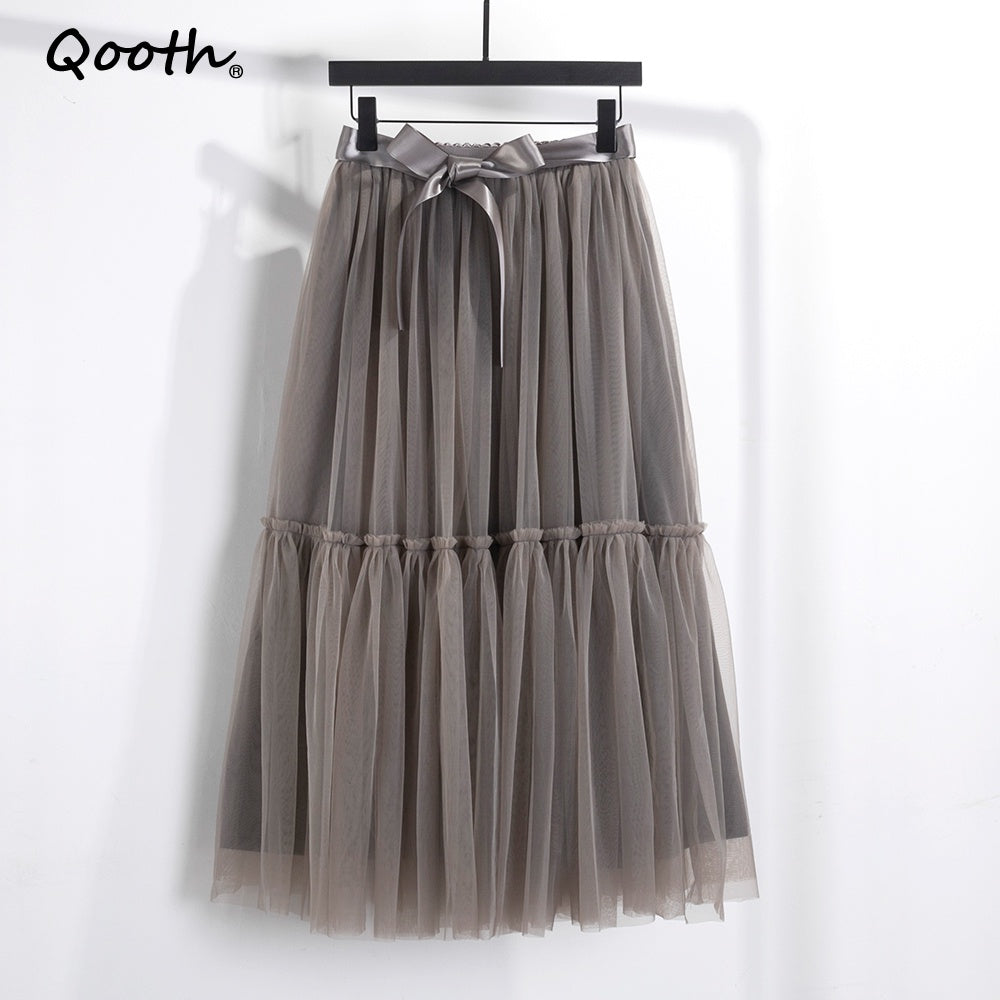 Qooth Festa Tule Vestido De Baile Malha Saia Banquete Casamento Cintura Elástica Gravata Borboleta Cinto Tutu QT2181