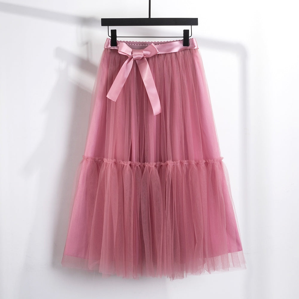 Qooth Festa Tule Vestido De Baile Malha Saia Banquete Casamento Cintura Elástica Gravata Borboleta Cinto Tutu QT2181