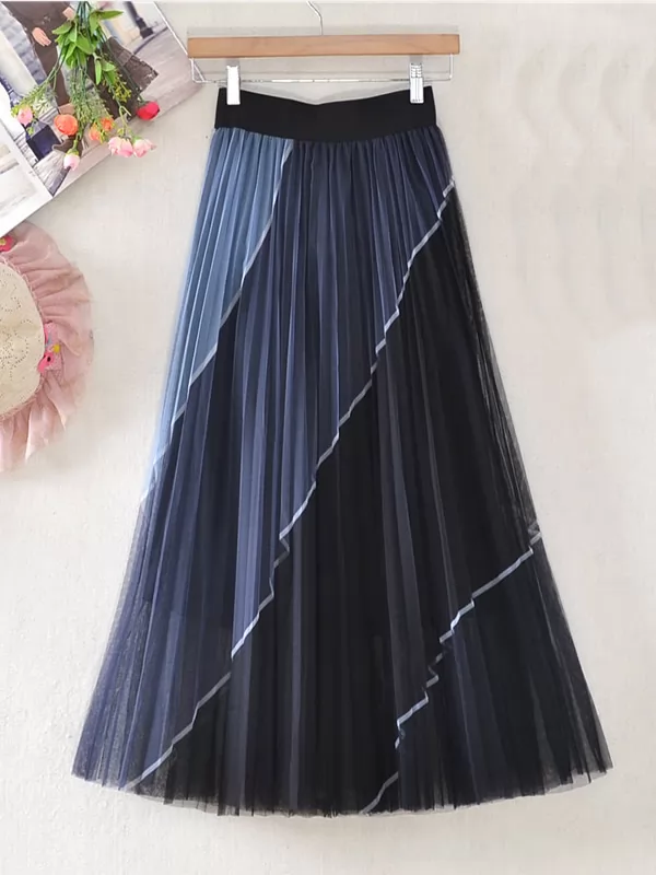 Spring SummerMesh Midi Pleated Skirt With Lining