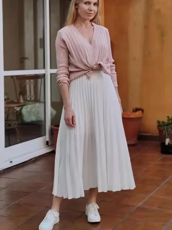 Summer Women European Style High Waisted Elegant Solid Midi Pleated Skirt QH2313