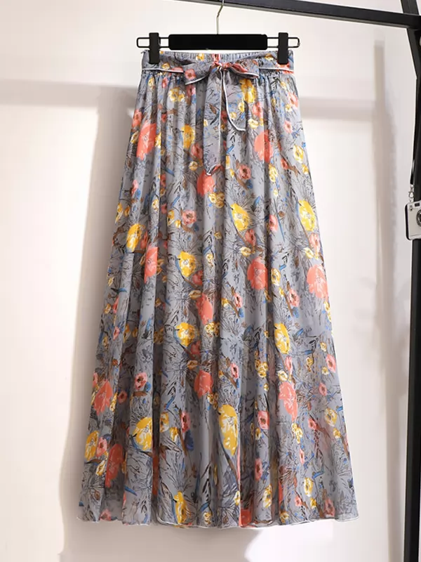 Summer Autumn Women Chiffon Floral Printed Maxi Skirt