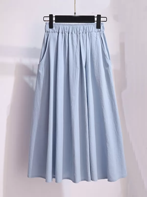 Solid Cotton Blend Elastic Waist A Line Skirts Women Summer Skirt with Pockets
