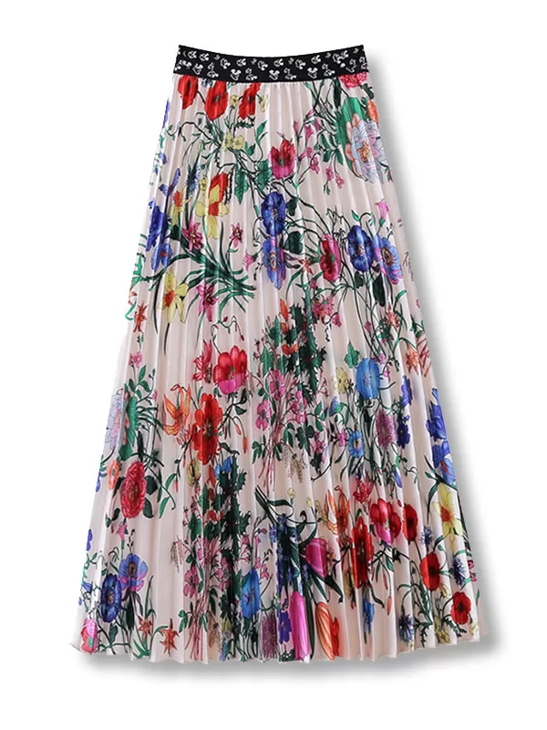Women's Viscoe Floral Printed Elastic Waist Mid-length Pleated Skirts