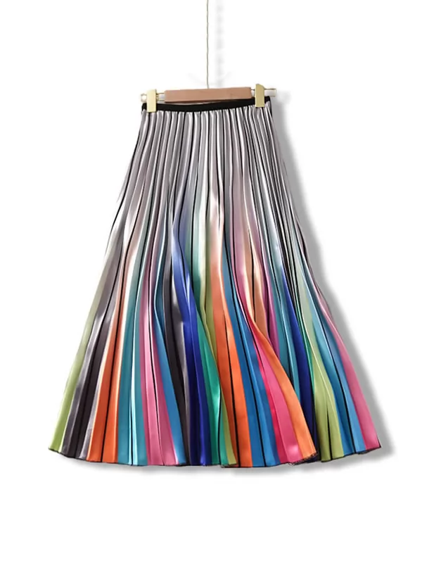 Spring Autumn Rainbow Printed Mid-Length High Waisted Pleated Skirt With Lining