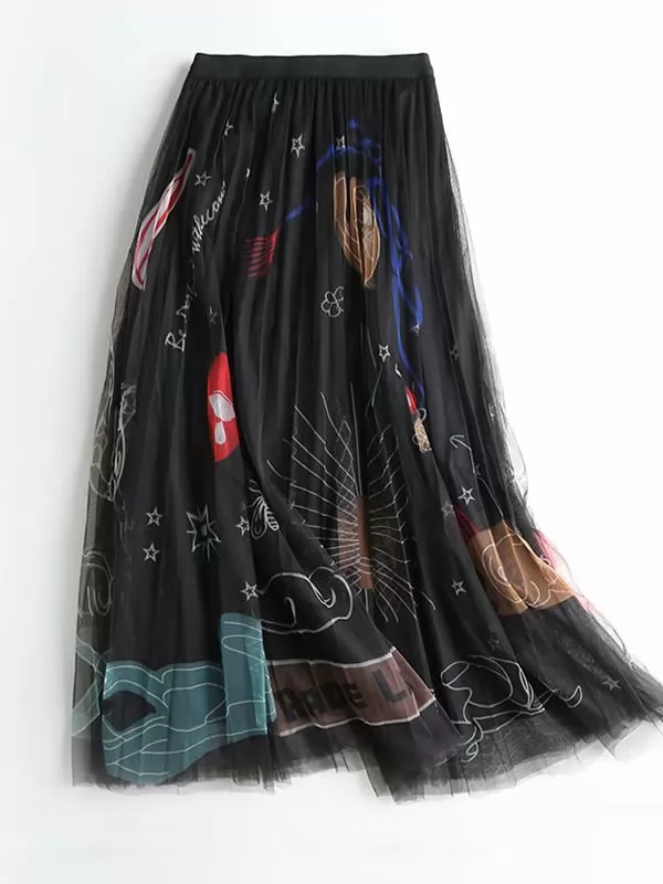 Fairy Floral Printed A-line Mesh Skirt Thin Mid-Length Sweet Skirt