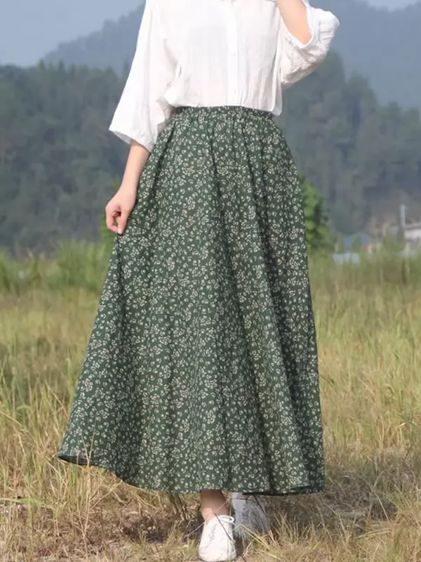 Vintage Autumn Women Floral Printed Casual A Line Maxi Skirts