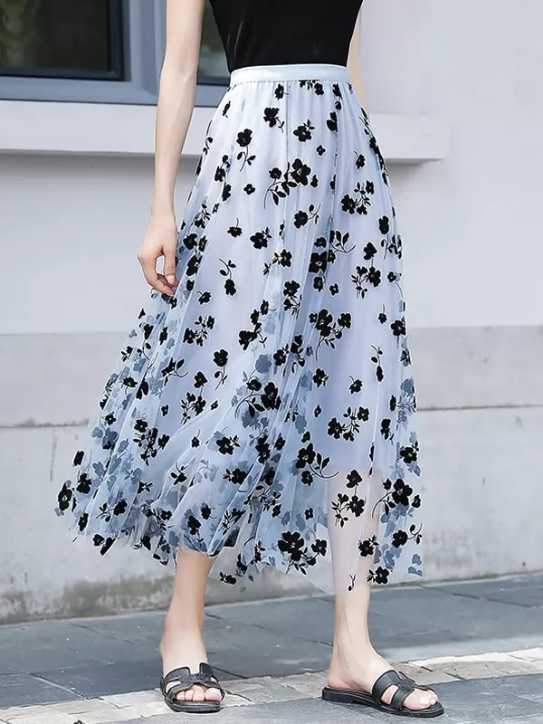 New Mesh A Line Skirt Spring Summer Floral Printed Tulle Skirts