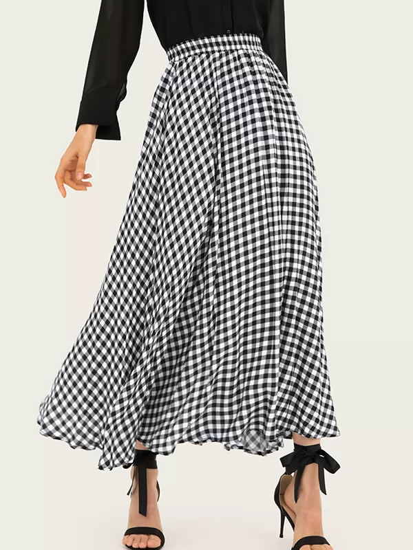 Autumn Women's Vintage Plaid Printed Long Skirt Elastic Waist A Line Skirts