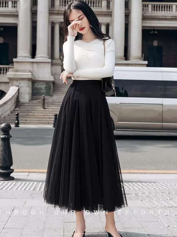 Women's New Four Season Style Elastic Waisted Tulle Maxi Skirts