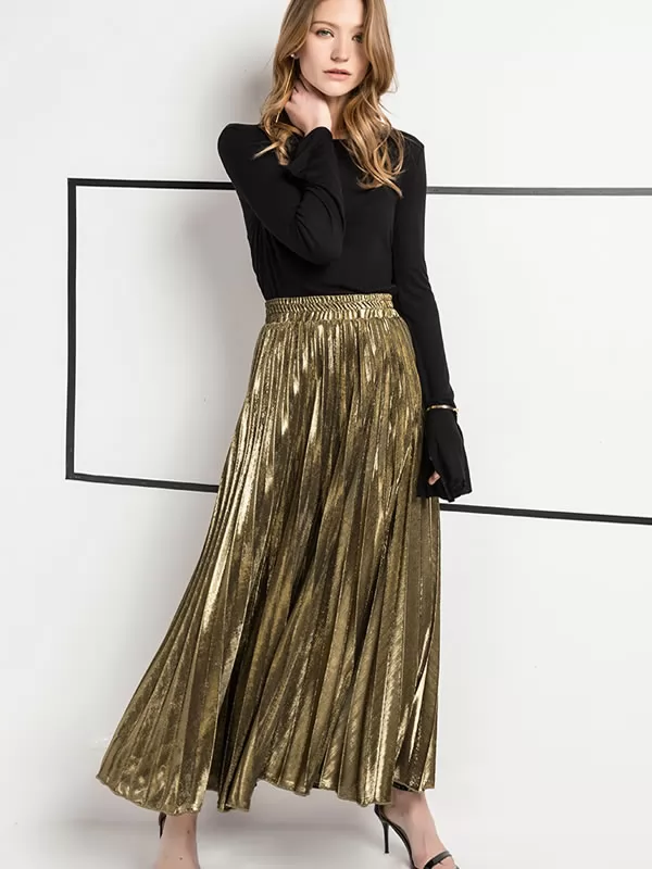 Spring Women's Elastic Waisted Metallic Pleated Skirt A Line Maxi Skirts