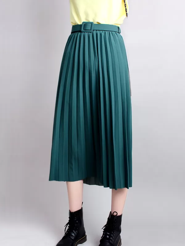 Chic Summer Women Elegant Pleated Skirt Belt Elastic High Waisted Chiffon Mid Skirt