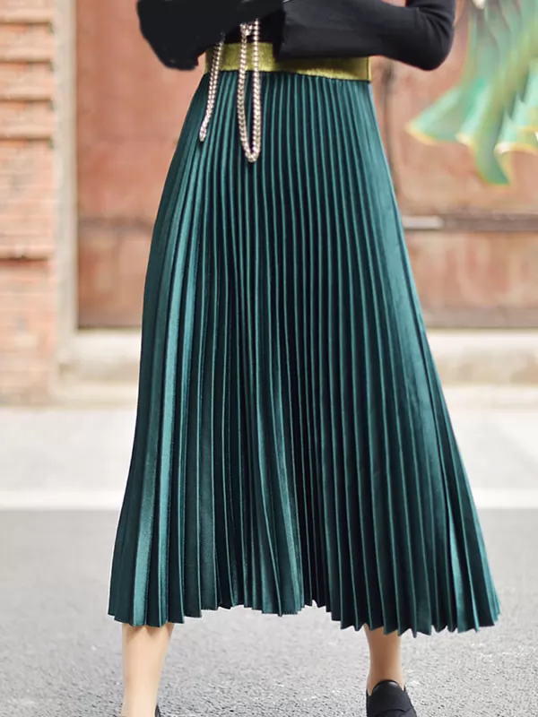 Summer Women Retro Fashion Elegant Pleated Skirt Elastic Waisted Midi Skirt