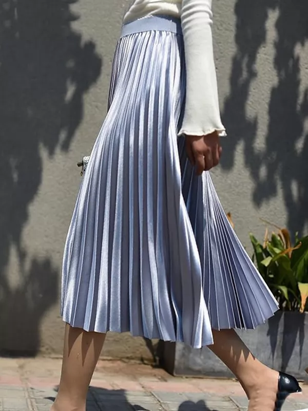 Spring Summer Women Long Pleated Skirts Wide Elastic Waisted Midi Skirt