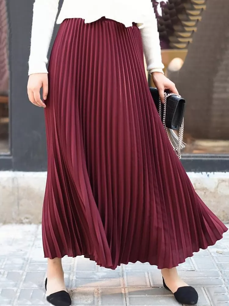 Autumn Summer Retro Fashion Elastic Waisted Women Maxi Pleated Skirt QH1675