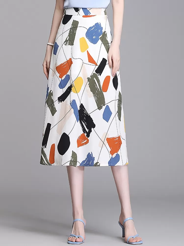 Autumn Summer Floral Printed A-line Skirt Women High Waisted Elegant Mid-length Skirts QT1667