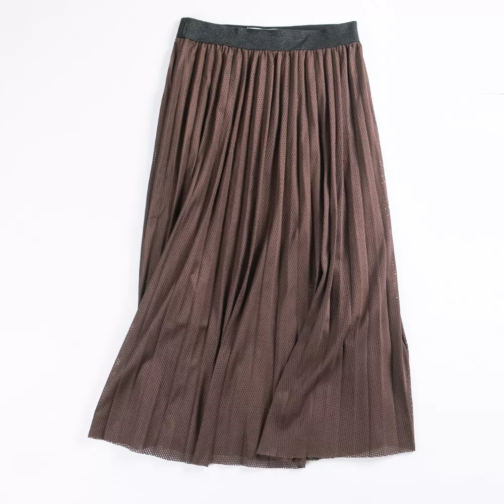 Summer Coffee Pleated Skirt Women Skirts High Street Style Mid-Calf Fashion Skirts With Lining QTS001