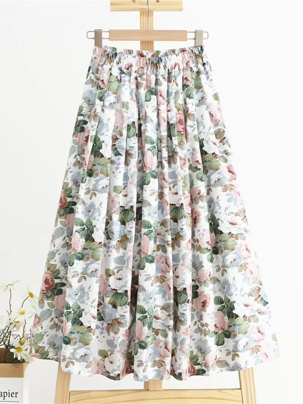 Summer Autumn Elegant Women High-waisted Floral Printed Skirts Casual Midi A Line Skirt QT1713