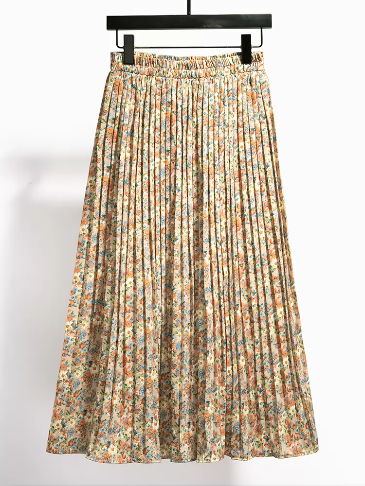 Women Summer Chiffon Floral Printed Skirt A-line Elegant Skirts Midi Length Skirt QT1615