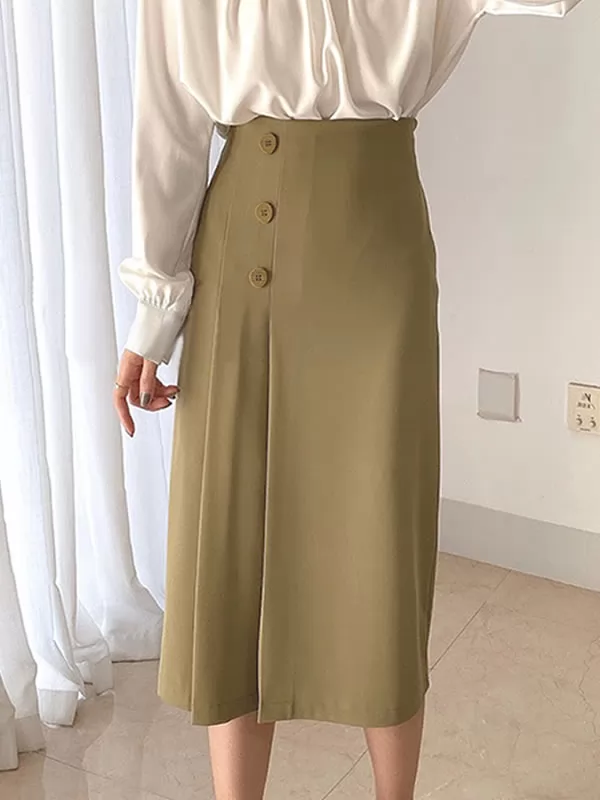 Summer Autumn Solid Color Elegant Women Midi High Waisted Split A Line Skirt QT1728