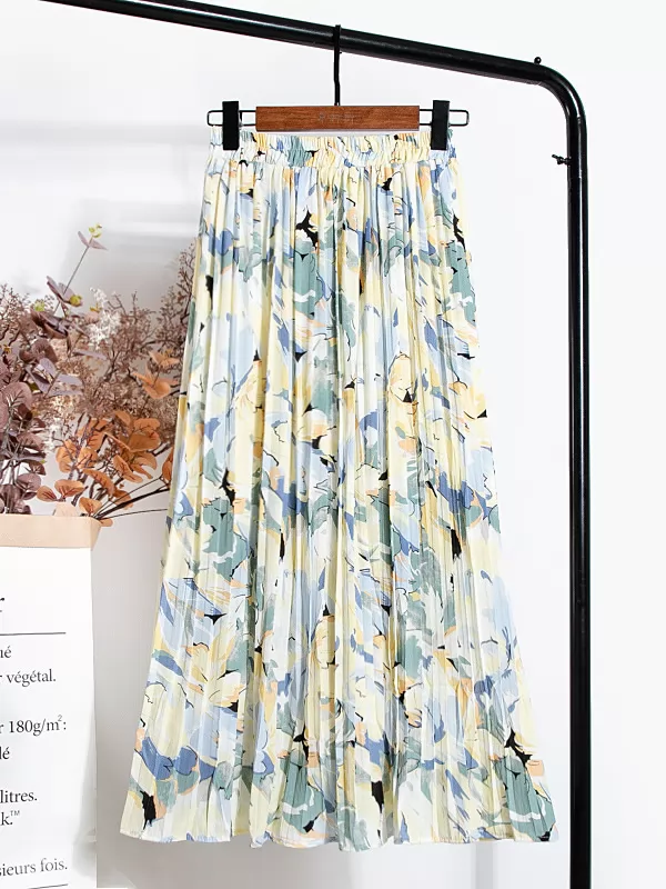 Summer Floral Printed Elegant Women Midi Skirt Beach Chiffon Pleated Skirts QT1378